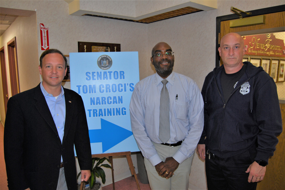 New York State Senator Tom Croci (left) presented Narcan Training at Islandia Village Hall on September 6. He is joined by Gregson H. Pigott (center), Director, Office of Minority Health, Suffolk County Department of Health Services, and Mike Zaleski (right), Deputy Mayor, Village of Islandia.