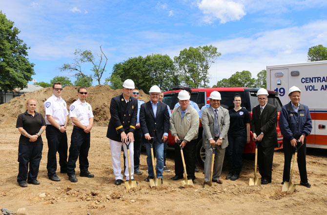 Mayor Allan M. Dorman (third from left), Village of Islandia, is joined by dignitaries, local elected officials and first responders for the groundbreaking of the First Responders Recreational Ball Field on June 7. Also pictured (l-r): Michael Zaleski, Deputy Mayor, Village of Islandia and Chief, Central Islip Fire Department; Brian Hansberry, President, Gaming Division, Delaware North; Harry Singh, President/CEO, Bolla Market; Salvatore Vitale, Senior Property Manager, Breslin Realty; and Thomas Muratore, Suffolk County Legislator.