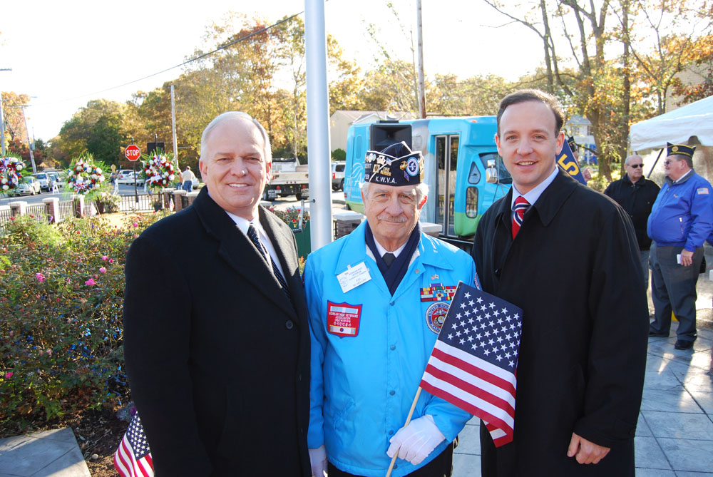 Mayor Allan M. Dorman (left) poses with Sal Scarlato (center), President, Korean War Veterans Association, Central Long Island Chapter, and Tom Croci (right) Islip Town Supervisor-Elect.